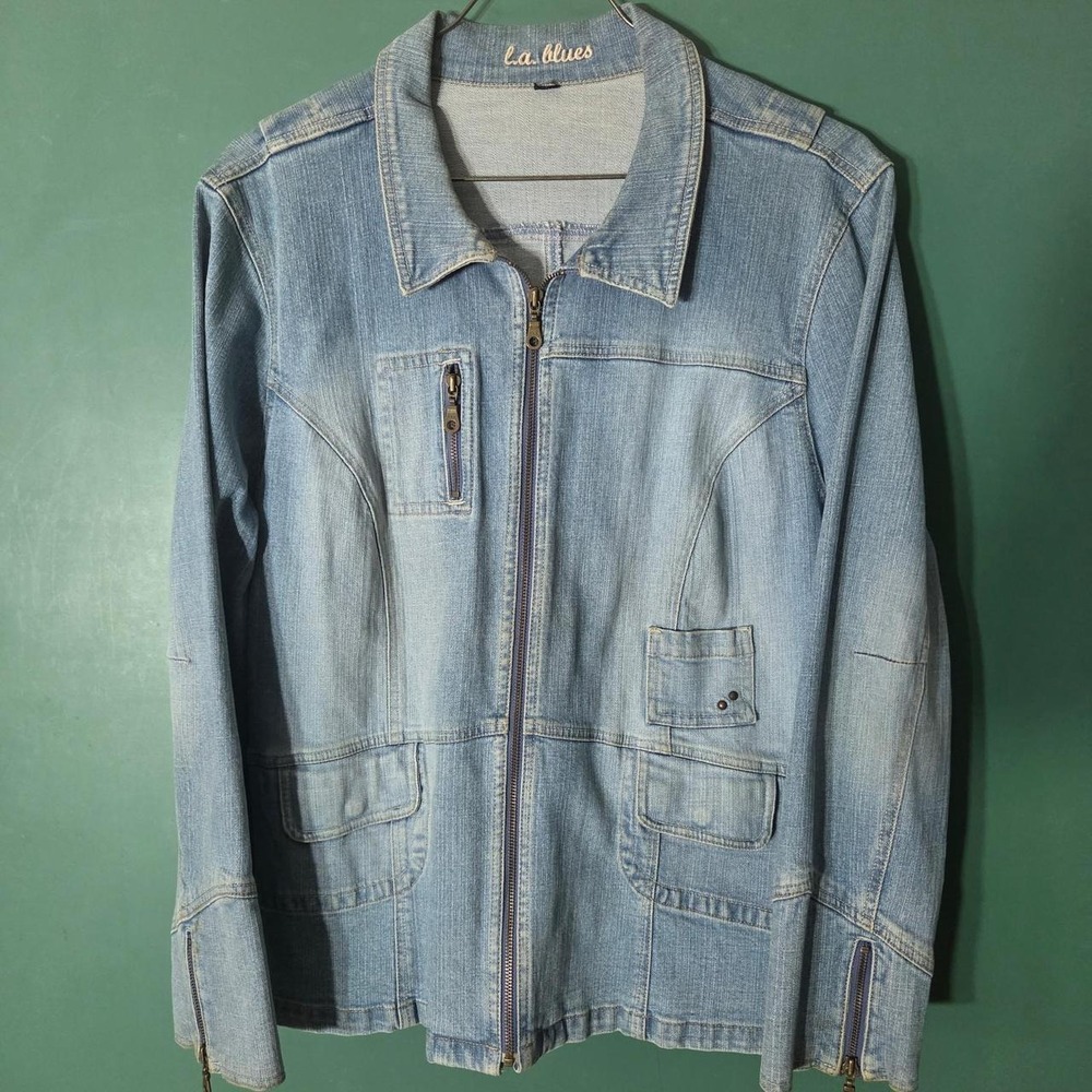 Vintage LA Blues Denim Jacket XL Light Wash Y2K 90s Zip Up Utility Pocket Blue